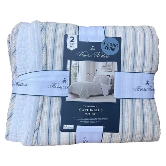 Brooks Brothers Cotton Slub Quilt and Sham Set Twin XL Light Blue White Stripes