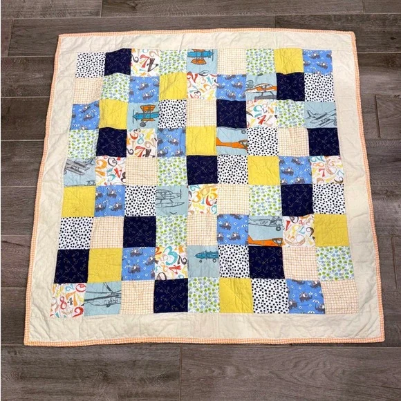 Handmade Baby Quilt Airplane Aviation Patchwork Minky Backing 40x39 Nursery