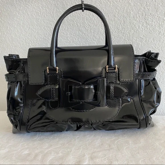 GUCCI Black Patent leather buckle bow Large Tote Bag