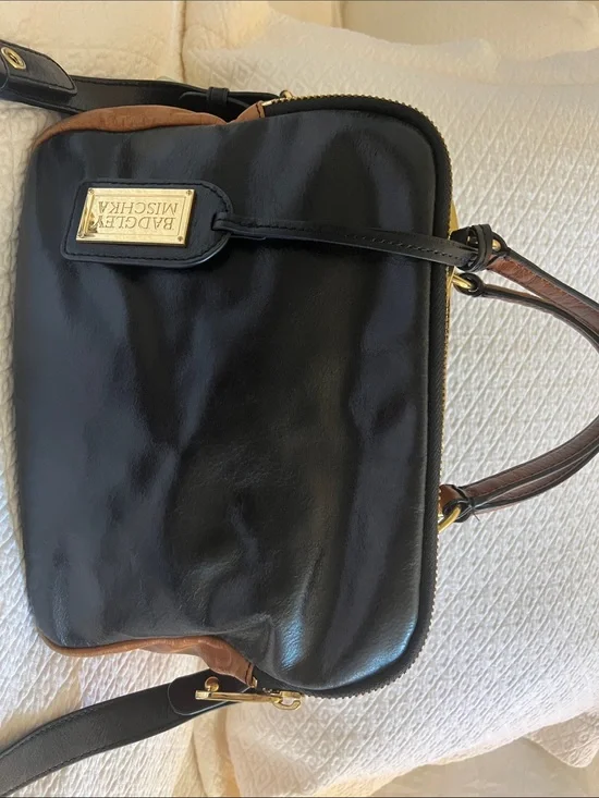 Badgley Mischka Black and Brown Two-Tone Leather Laptop Bag