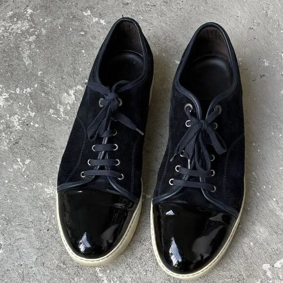 Lanvin DBB1 navy blue suede with black patent leather toe cap