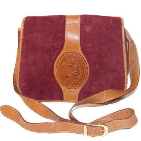 Yancci Shoulder Bag Women Medium Burgundy Suede Leather Floral Medallion Vintage
