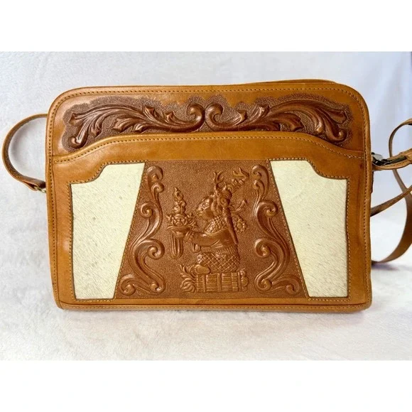 VTG‎ 70s Mont-Abur Mexican Tooled Leather Handbag Mayan Deity Aztec Sun Calendar