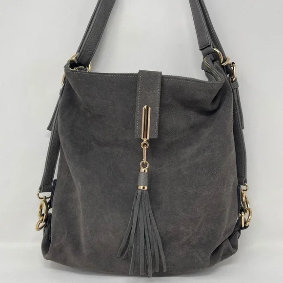 Nico Louise‎ Gray Suede Pebbled Faux Leather Boho Tassel Hobo Shoulder Bag Gold