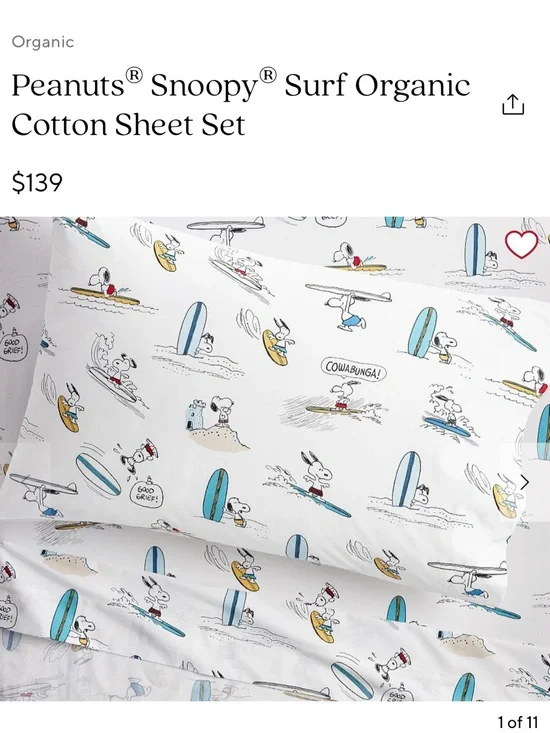 Pottery Barn Kids White Snoopy Surf Organic Cotton Toddler Sheet Set