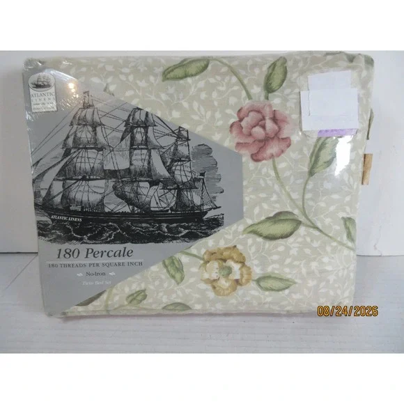 Atlantic Linens Twin Bed Set 180 Percale Floral Pink Green 3pc Made in USA NEW