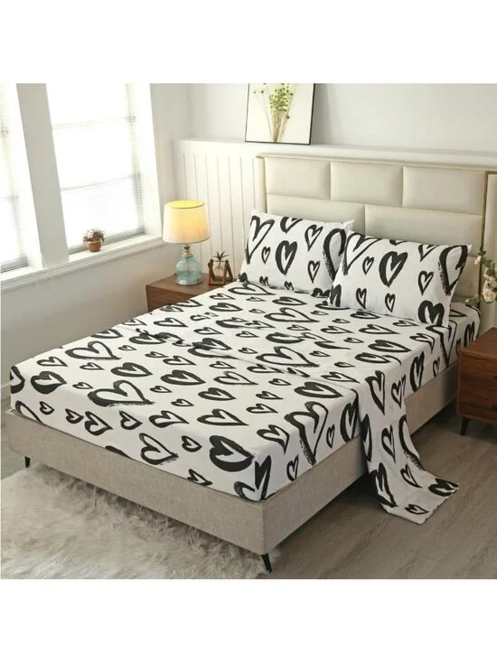 Romantic Heart Print Queen Sheet Set - Soft Microfiber, Deep Pocket Bedding