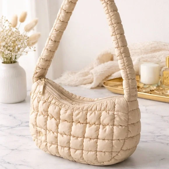 Simply Southern Quilted Puffer Hobo Bag Beige Padded‎ Shoulder Bag NWT