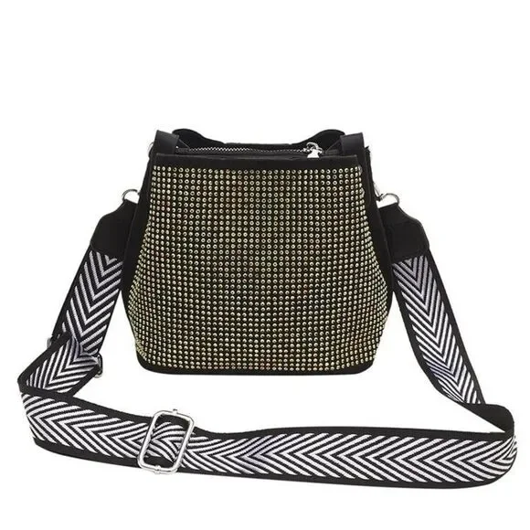 Women's Black And Gold  Bucket Shoulder Bag With Long Wide Strap