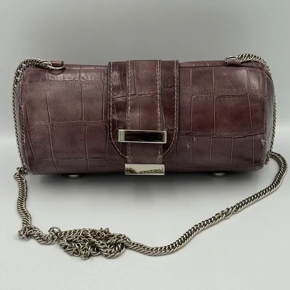 Liz Claiborne Faux‎ Croc Barrel Bag Burgundy Chain Strap Clutch Purse Y2K Glam