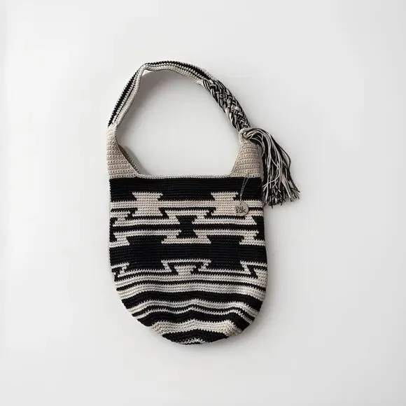The Sak Ragam Handmade Crochet Back to Bali 120 Hobo Bag Black & Tan Boho Hippie