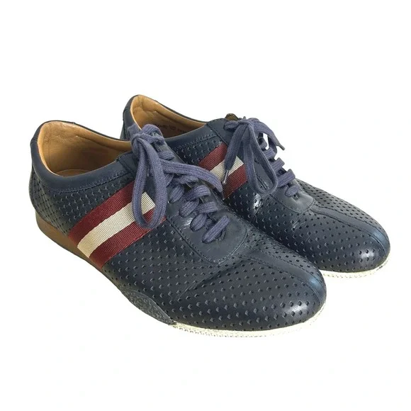 Bally Freenew-FO Perforated Leather Sneakers Mens 8D Navy Stripe Luxury bowling