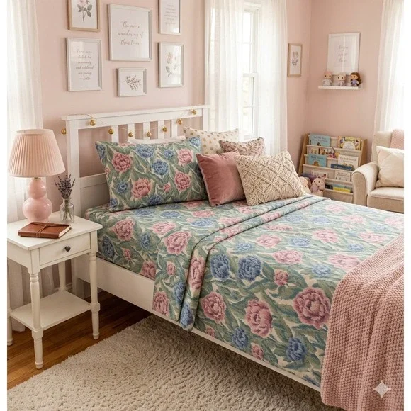 Lady Pepperell Sheet‎ Set Twin Cottage Floral Ikat Vintage Percale 3pc Made USA