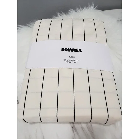HOMMEY Queen FITTED Sheet White Organic Cotton Stripes Breathable Modern SIMPLE