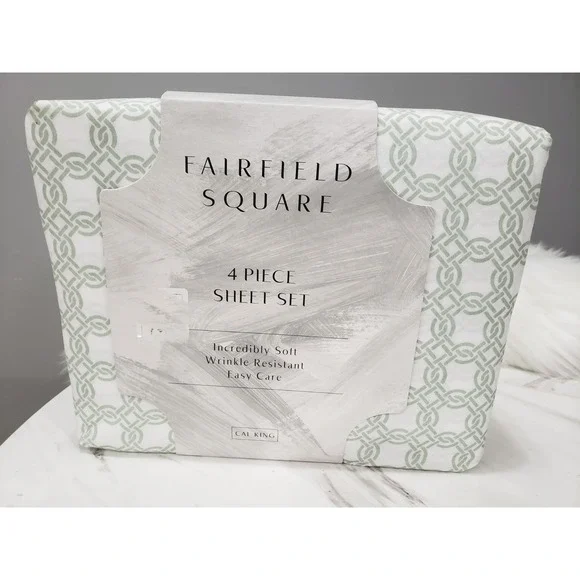 NEW CALI KING Sage Interlocking CALI FOUR PIECE SHEET SET FITTED FLAT MINIMALIST