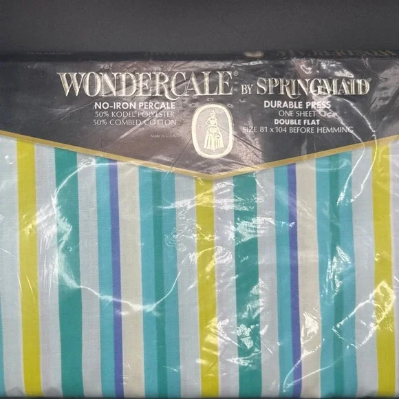 Vintage Springmaid Combed Percale Sheet Retro Stripes FULL FLAT Aqua Blue Fabric