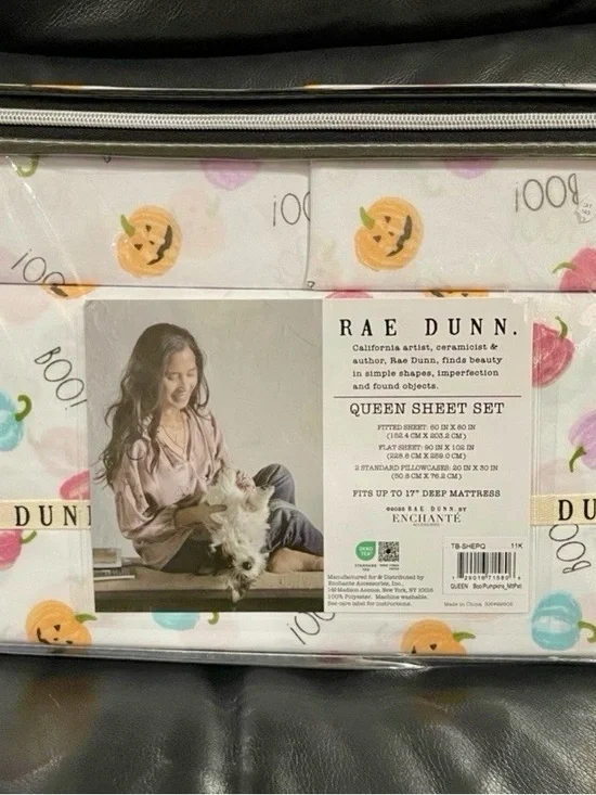 Rae Dunn Queen Sheet Set in White with Orange Pumpkin Print