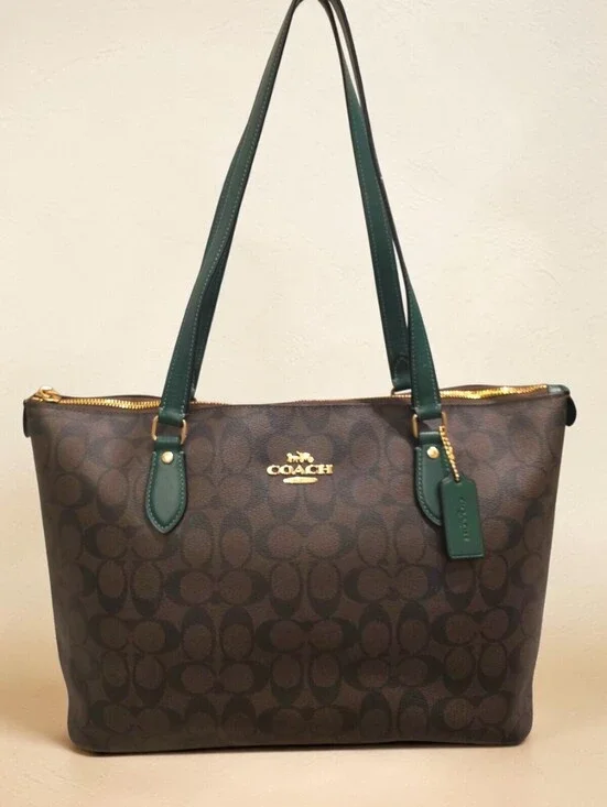 Coach CH504 Signature C Pine Green Leather Large Tote Bag Brown Gold HTF