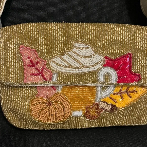 Gold Beaded Autumn Shoulder Bag with Seasonal Embroidery