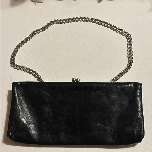 HOBO Black Leather Shoulder Bag with Silver Chain