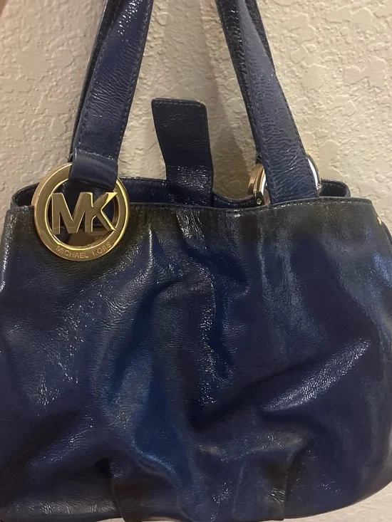 Vintage Michael Kors Dark Navy Leather Shoulder Bag with Gold MK Charm
