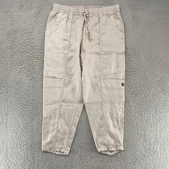 Garnet‎ Hill Linen Cargo Pants Womens Medium Gray Elastic Waist Travel Summer