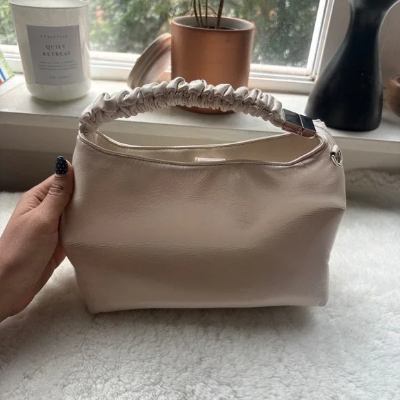 A New Day Cream Ruched Handle Shoulder Bag Faux Leather Minimalist Ivory Hobo
