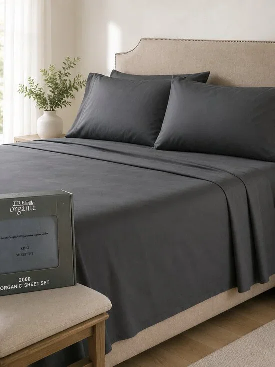 Tree Organic 2000 King Cotton Deep Pocket Sheet Set Gray NIB