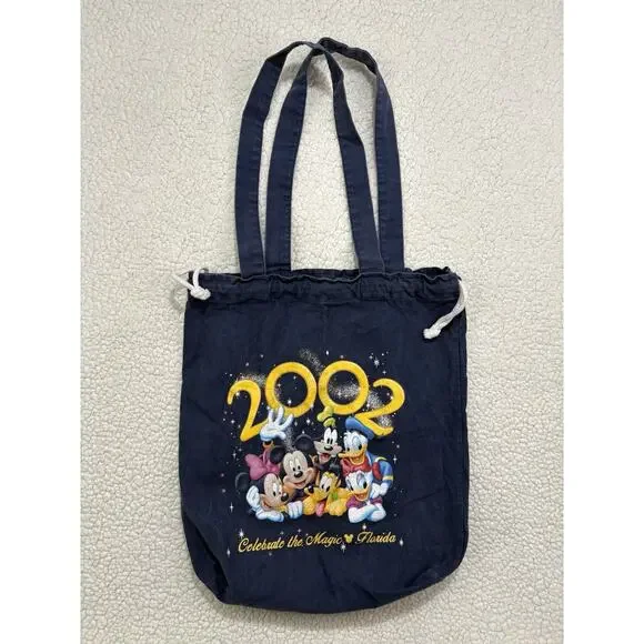 Vtg 2002 Disney World Florida Canvas Drawstring Tote Bag Mickey‎ Mouse & Friends