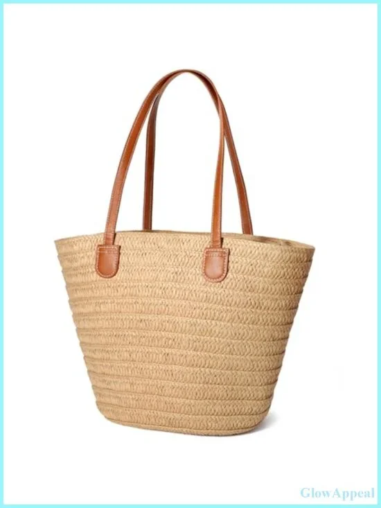 Straw Tote Bag Women Shoulder Handbag Beach Vacation Summer Purse