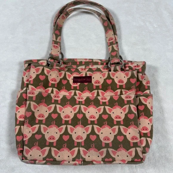 Bungalow 360 Canvas Tote Bag Pig Hearts Pattern Green‎ Pink Top Handle