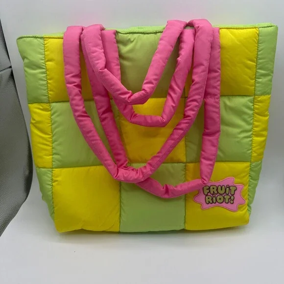 Fruit Riot Puffy Tote Bag Women Multi Color Checkerboard Quilted Shoulder Bag‎