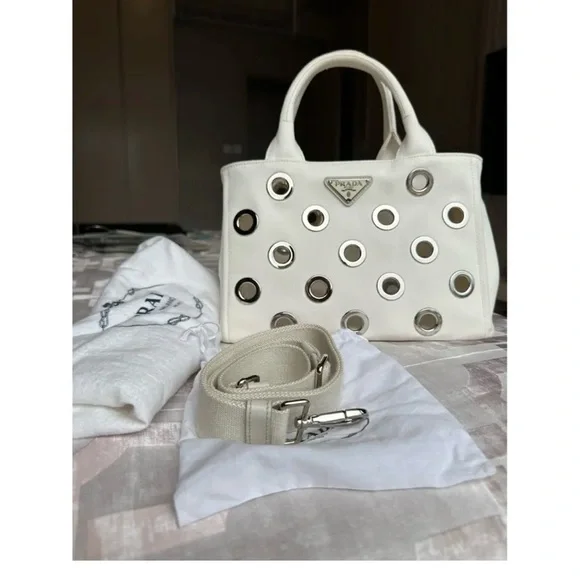 Prada Canapa limited edition Cream Tote with Silver Details