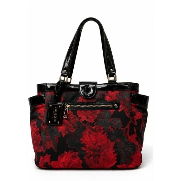 Talbots‎ Black Red Floral Fabric Shoulder Tote Black Faux Patent Leather Trim