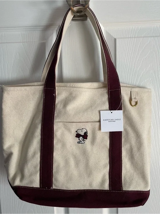 American Eagle Outfitters Cream & Burgundy Canvas Tote with Snoopy Bow Tie