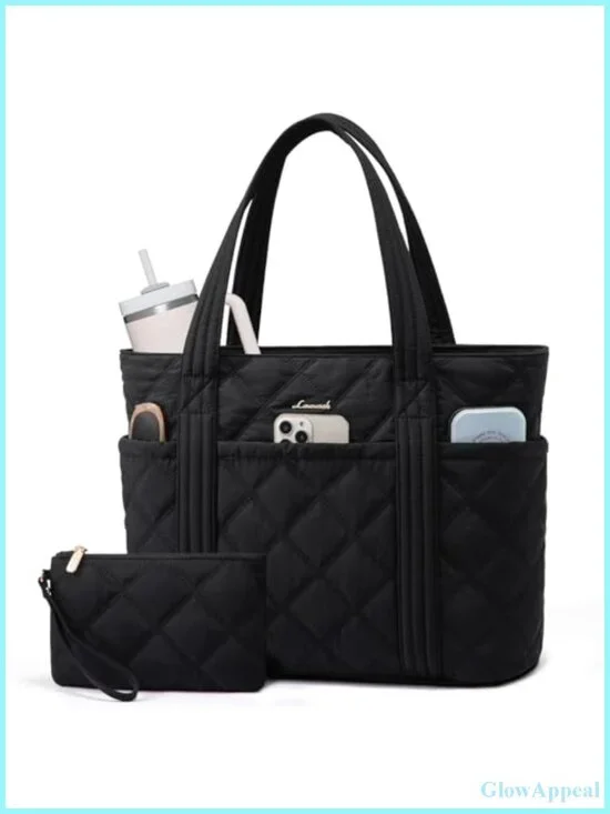 Quilted Nylon Puffer Tote Bag with Cup Holder for Women Work Travel