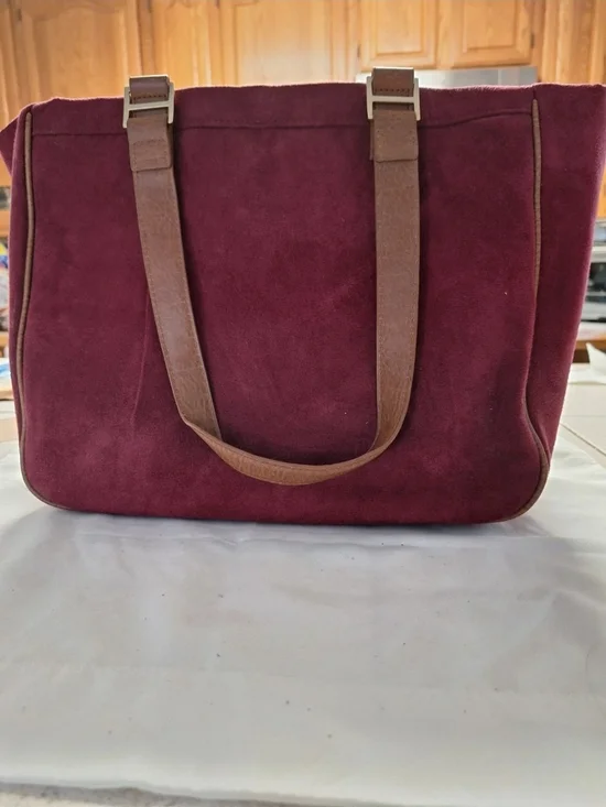 Suede Burgundy Tote Bag with Brown Straps