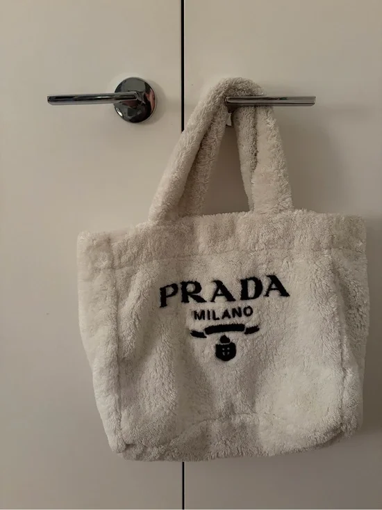 Prada Cream Plush Tote with Black Logo