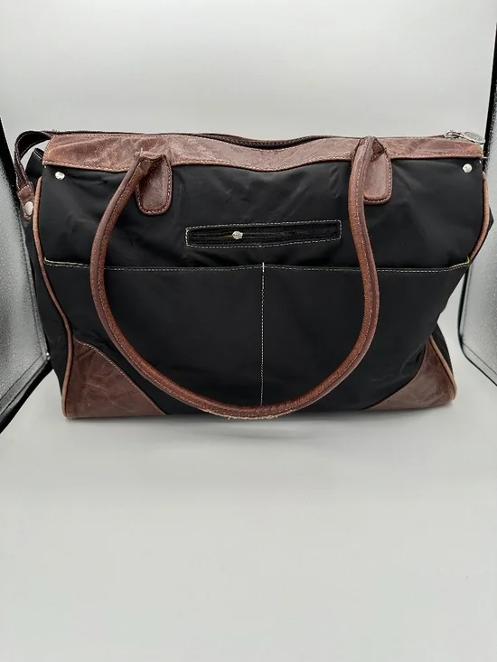 Chelsey Henry Classic Black Nylon Brown Leather Tote Bag
