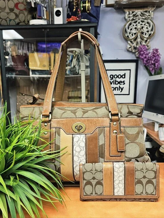 Coach Signature Patchwork Tote and Wallet Set - Tan & Beige