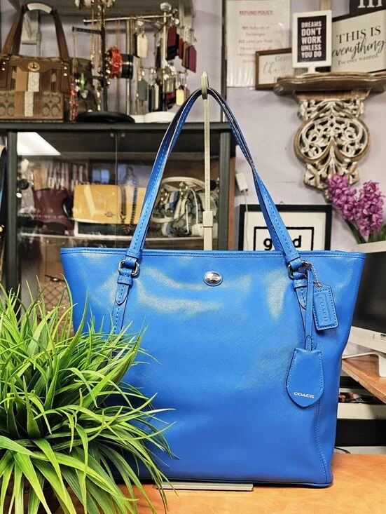 Coach Electric Blue Leather Tote with Signature Hangtag