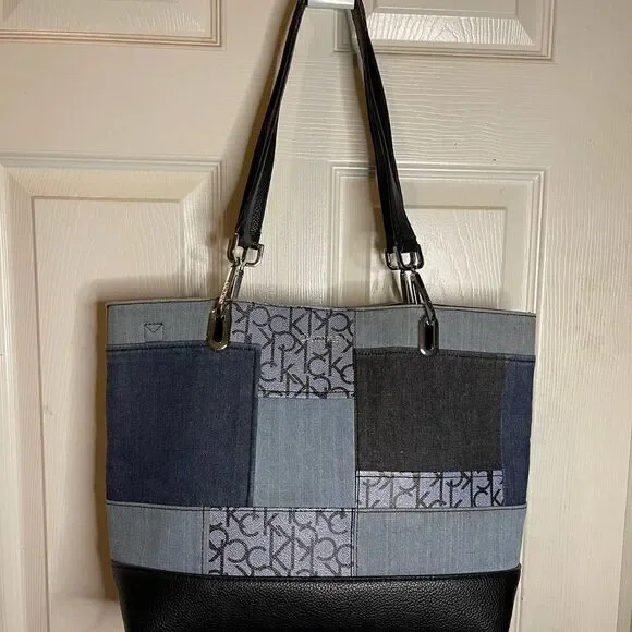 Calvin Klein gray and Bleu denim logo with black synthetic trim large tote