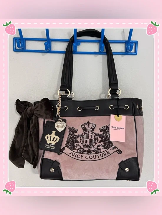 Juicy Couture Classic Scottie Dogs Velour Bow Tie Tote Dusty Blush OS Y2K Retro