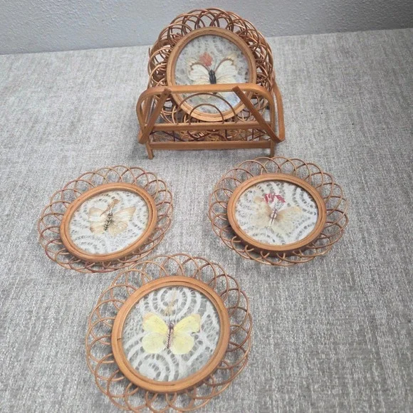 Vintage Bamboo Wicker Drink Coasters Set Pressed Butterfly Glass Caddy Boho 7pc