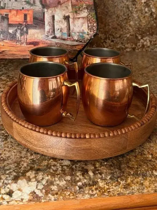 4 Copper Moscow Mule Mugs with Brass Handles and Stainless Steel Interior