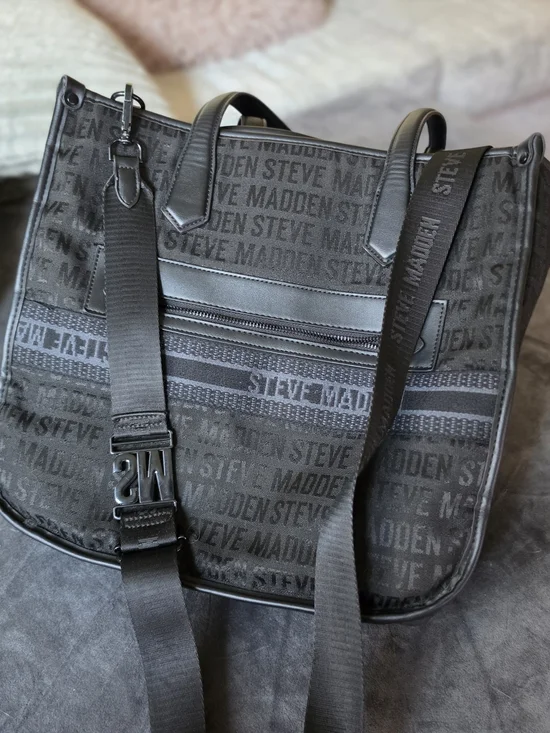 Steve Madden Black Logo Jacquard Tote with Adjustable Strap