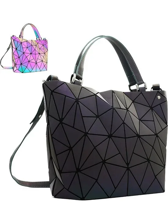Luminous Geometric Tote Bag & Holographic Crossbody Purse - Black Iridescent