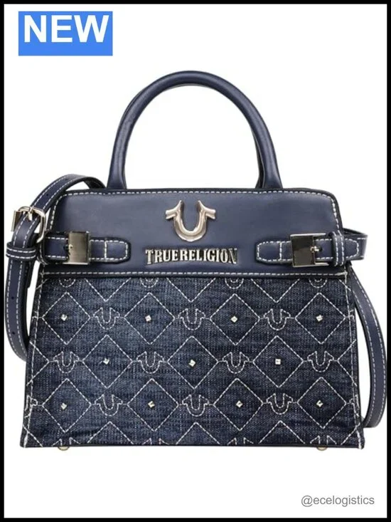 Quilted Denim Tote Bag with Studded Accents and Detachable Strap