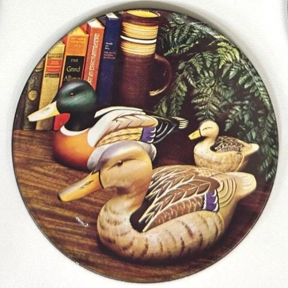 Vintage 1983‎ Mallard Duck Coaster Set with Tin 5pc Cork Backed Hong Kong Rustic