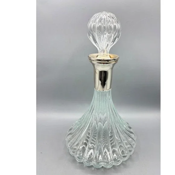 Vintage Ribbed Glass Decanter with Stopper Silver‎ Tone Metal Collar